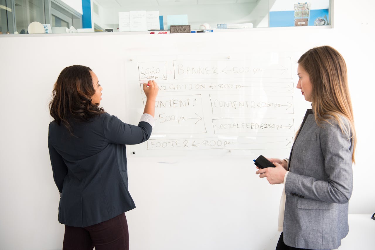Two women discussing an office presentation at a whiteboard.
